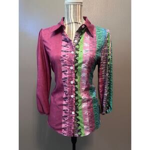 Retro Style Abstract Colorblock Button Down Blouse L Pink Green Statement Top